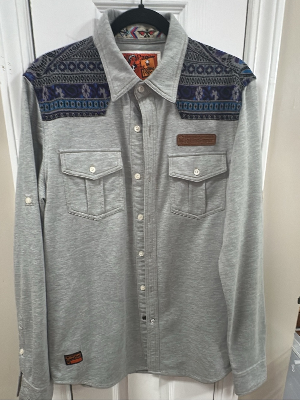 Rolling Paper Grey Shirt with Patterned western Navy Shoulder Panels. (Mix36)